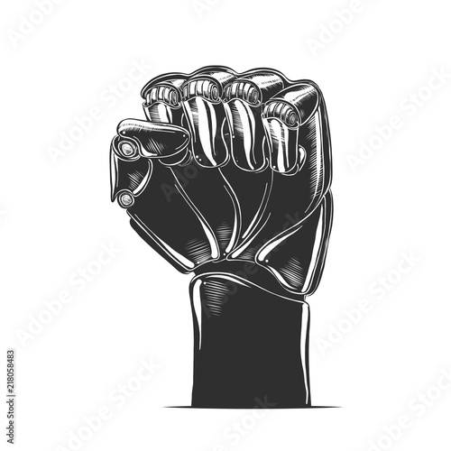 Vector engraved style illustration for posters, decoration and print. Hand drawn sketch of robot fist in monochrome isolated on white background. Detailed vintage woodcut style drawing.