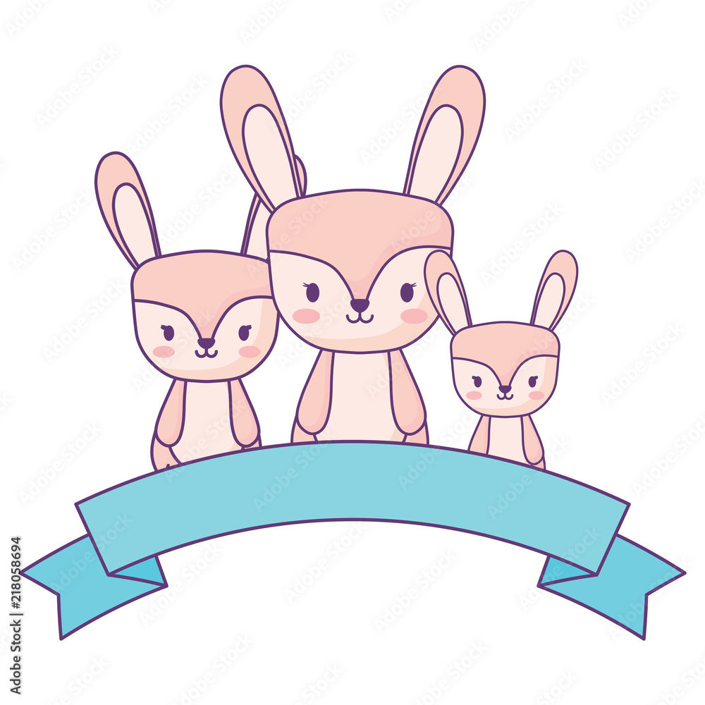 Obraz premium decorative ribbon and cute rabbits over white background, vector illustration