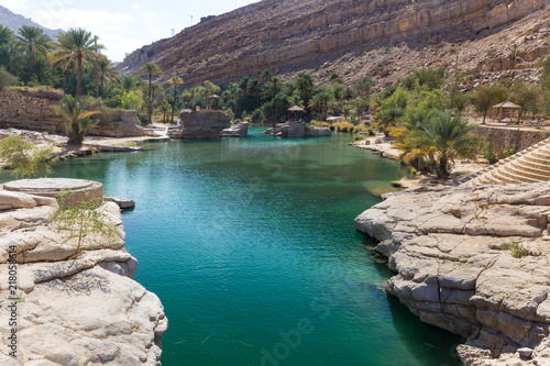 Emerald pools in Wadi Bani Khalid, Oman .