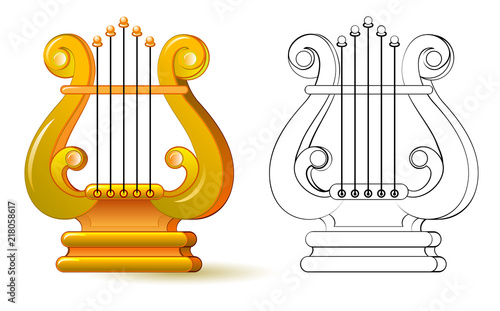 Colorful and black and white pattern for coloring. Illustration of lyre. Symbol of ancient Greek musical instrument. Worksheet for children and adults. Vector image.