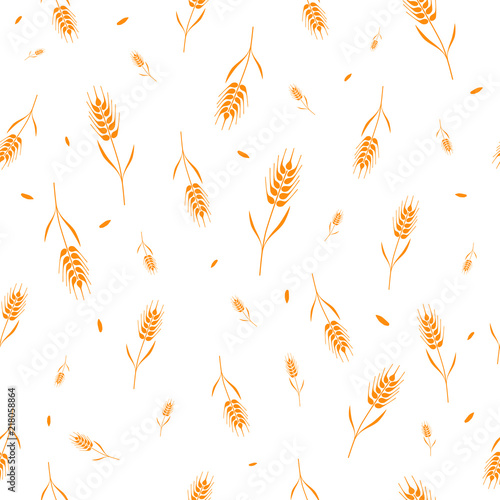  Seamless pattern with whole grain seeds organic, natural background isolated on white background flat style design vector illustration. Wheat, barley or rye ears with straw chaotic version