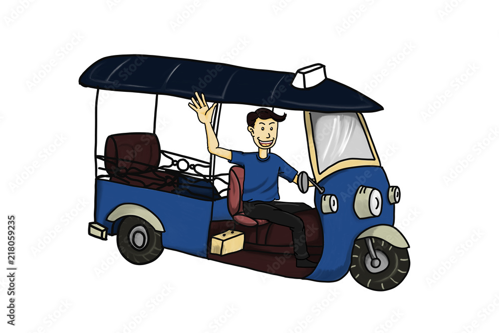 Thai traditional taxi Tuk Tuk with the handsome drivers smiling and show hand up, in doodle drawing style isolated white background.