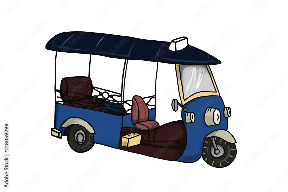Thai traditional taxi Tuk Tuk in doodle drawing style isolated white background.