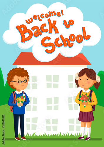 Back to school card. Boy and girl with welcome back to school text banner template. Happy pupils with backpacks and flowers. Elementary school students near school building Flat cartoon illustration.