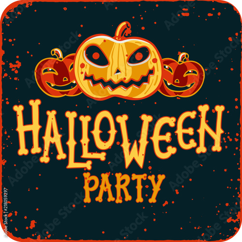 Invitation to Halloween night party. Vintage card with pumpkins on dark backg...
