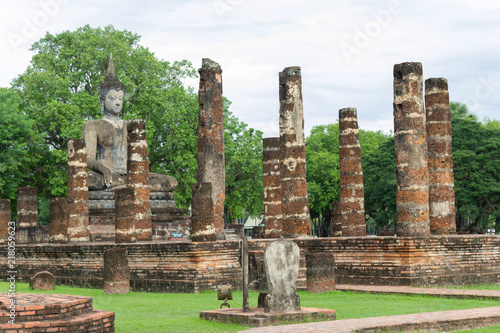  Buddha statues at Wat Mahathat ancient capital of Sukhothai, Thailand. Sukhothai Historical Park is the UNESCO world heritage