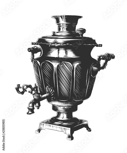 Vector engraved style illustration for posters, decoration and print. Hand drawn sketch of a samovar, monochrome isolated on white background. Detailed vintage woodcut style