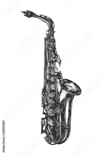 Vector engraved style illustration for posters, decoration and print. Hand drawn sketch of saxophone in monochrome isolated on white background. Detailed vintage woodcut style drawing.