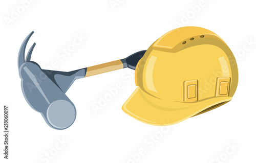 construction safety helmet and hammer over white background, vector illustration