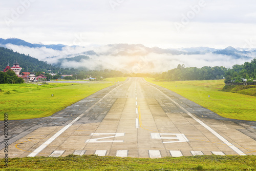 Mae Hong Son, Thailand July 18, 2018 : Airport runway in the morning sunrise time.