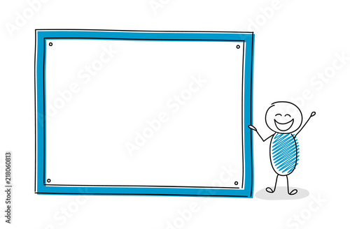 Funny cartoon character holding empty white board. Vector.