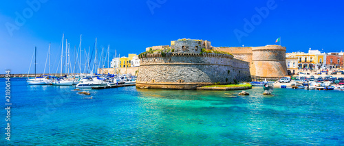Landmarks of Italy - coastal town Gallipol in Pugliai. view of old port with castle.