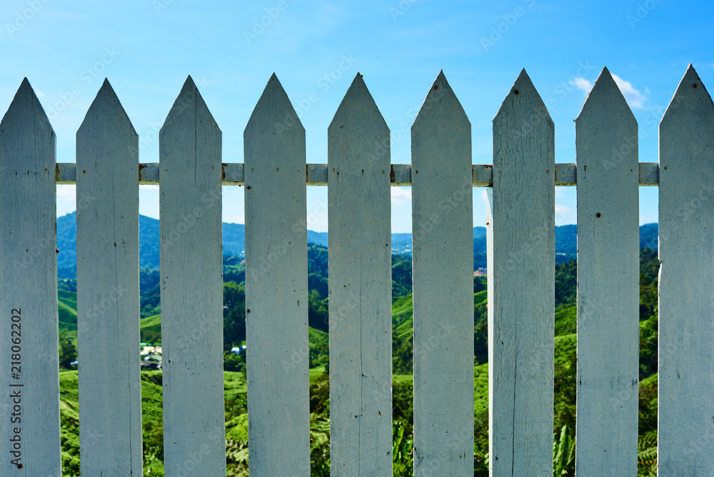 White fence in green farm field with blue sky.