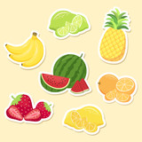 Fruits Set Sticker. Watermelon, Strawberry, Orange, Lemon, Lime, Pineapple, Banana. White Border Vector Illustration Cartoon