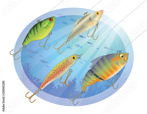 set of four fishing lures in the water