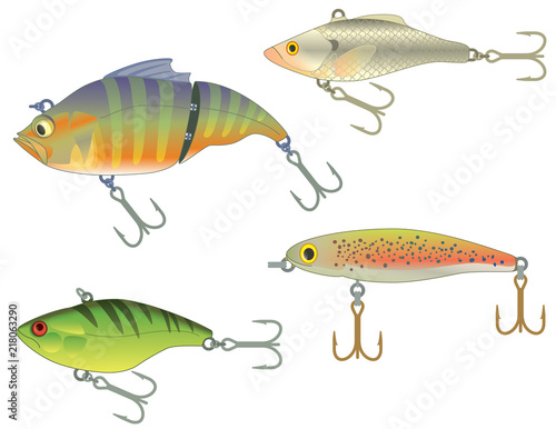 set of four fishing lures isolated on a white background