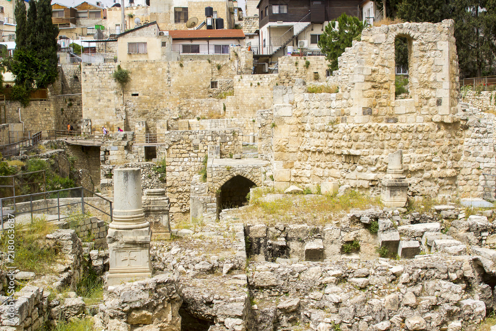 Part of the excavated ruins of the old Pool of Bethesda in Jerusalem