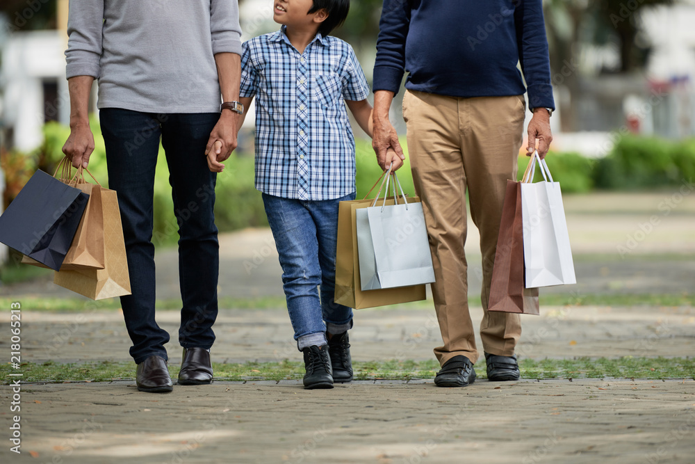 Anonymous boy holding hands of father and grandfather and waking along path after shopping on sunny day Anonymous boy holding hands of father and grandfather and waking along path after shopping on sunny day