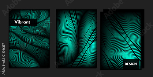 Distortion of Wavy Lines. Turquoise Abstract Backgrounds with Vibrant Gradient. Movement and Volume Effect. Futuristic Cover Templates Set for Presentation, Poster, Brochure. Distortion of 3d Shapes.