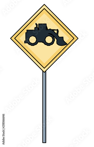 warning sign with construction truck icon over white background, vector illustration