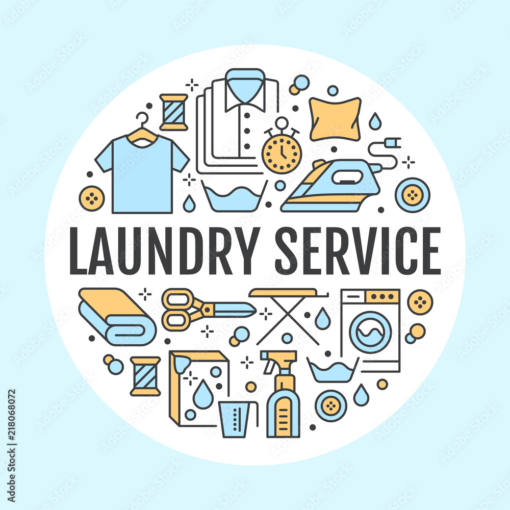 Naklejka premium Dry cleaning, banner illustration with flat line icons. Laundry service equipment, washing machine, clothing shoe repair, garment steaming. Circle template thin linear signs launderette poster