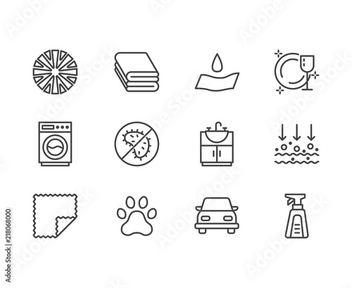 Microfiber cloth properties flat line icons. Absorbing material, dust cleaning, washable, antibacterial, clean detergent illustrations. Thin signs for napkin package.