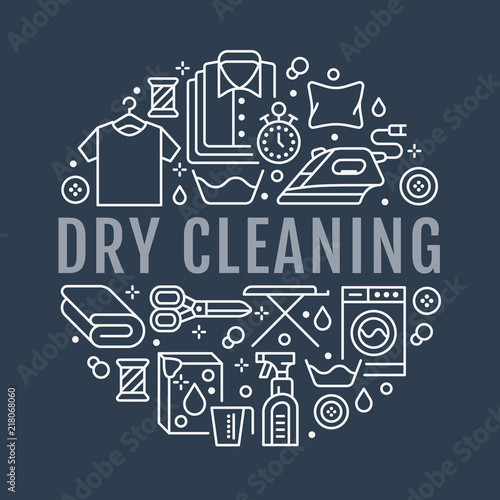 Dry cleaning, banner illustration with flat line icons. Laundry service equipment, washing machine, clothing repair, garment steaming. Circle template thin linear signs launderette poster.