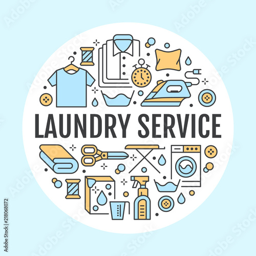 Dry cleaning  banner illustration with flat line icons. Laundry service equipment  washing machine  clothing shoe repair  garment steaming. Circle template thin linear signs launderette poster