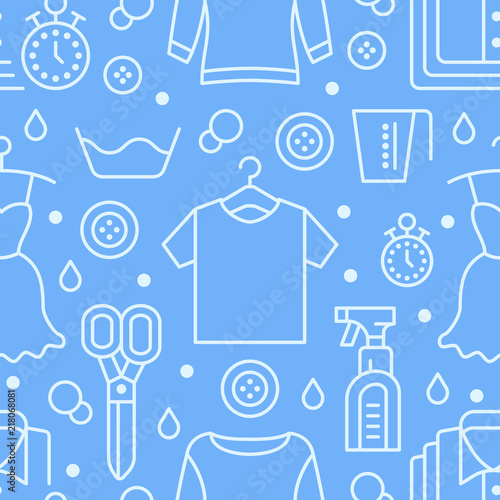 Dry cleaning, laundry blue seamless pattern with flat line icons. Laundromat service equipment, clothing repair, garment washing, shirts. Vector background for launderette.