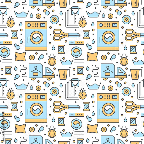 Dry cleaning, laundry blue seamless pattern with flat line icons. Laundromat service equipment, washing machine, clothing repair. Vector background for launderette.
