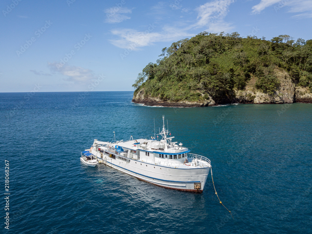 Drone view on a boat at Cocos Island Drone view on a boat at Cocos Island