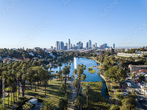 Drone view on Echo Park and the LA Skyline
