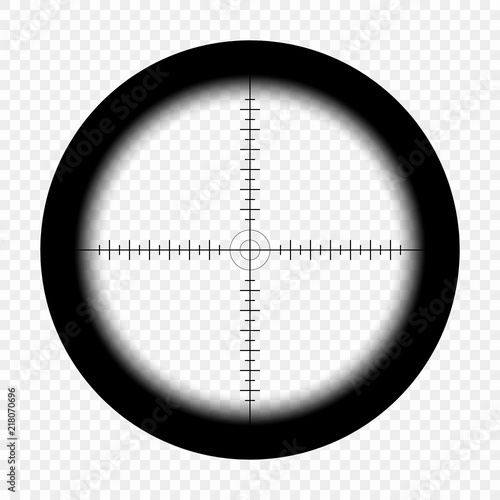 Sniper scope with measurement marks on an isolated transparent background. View through the sight of a hunter rifle. Optical vector sight template.