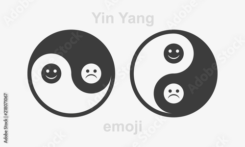 Yin and Yang symbol with happy and sad emojis. Tai Chi illustration.