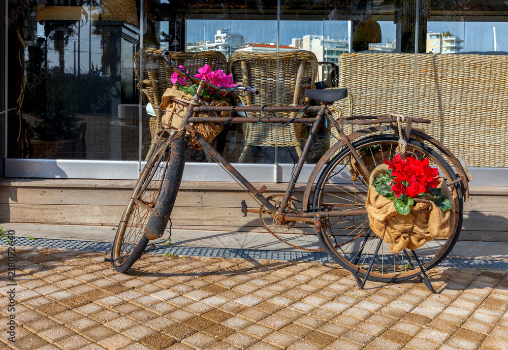 Old bicycle with flowers.