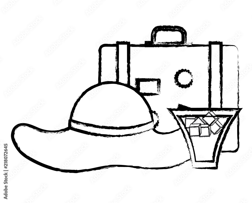 travel suitcase with cocktail and beach hat over white background, vector illustration travel suitcase with cocktail and beach hat over white background, vector illustration