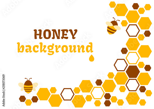 Honey abstract background with honeycomb and bee. Vector illustration