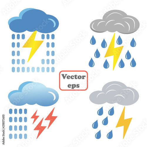Set blue cloud with lightnings and rain icon. Cartoon illustration of blue cloud with lightnings and rain vector icon for web. Drawing on t-shirts, bags. Isolated on white background.