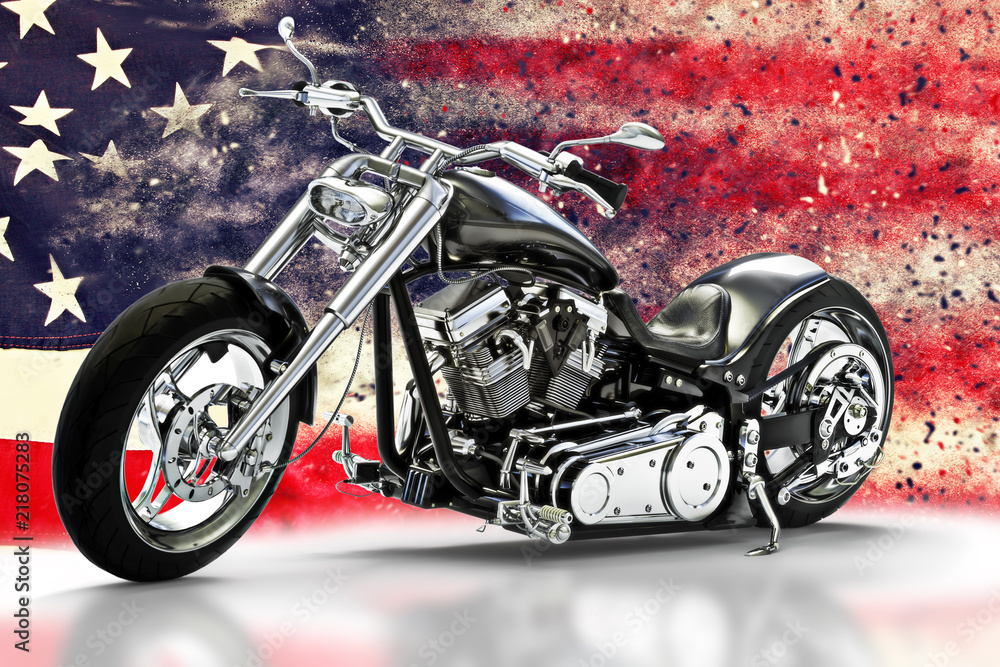 Naklejka premium Niestandardowy czarny motocykl z amerykańską flagą z efektami dyspersyjnymi. Koncepcja Made in America. Renderowania 3d