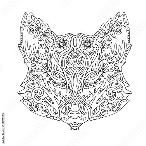 Wild beautiful fox head hand draw on a white background. Color book. Fashion in a vector illustration photo