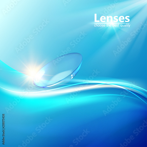 Science illustration with Contact Lenses sign. Blue flow at the top of the image over blue background and two eye lences at the bottom. Vector illustration.