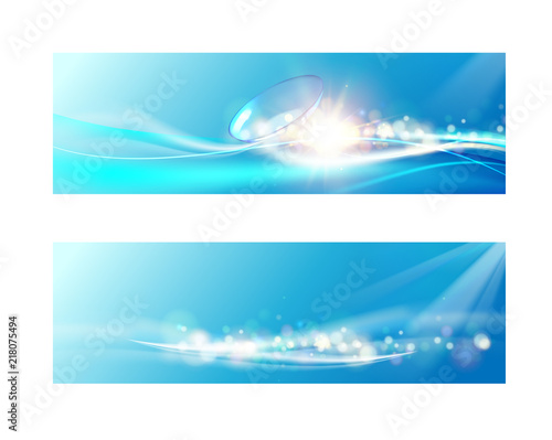 Science card with Contact Lenses. Blue wave flow at the top of the image over blue background and two eye lences. Vector illustration.