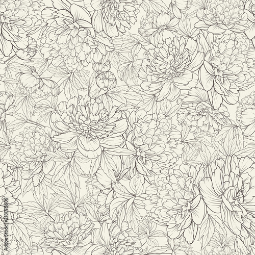 Seamless floral pattern with Peony. Vector illustration.