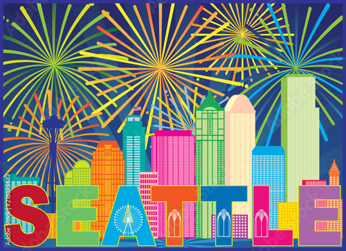 Seattle City Skyline Text Fireworks Color vector Illustration