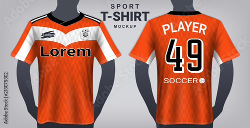 Soccer Jersey and Sport T-Shirt Mockup Template, Realistic Graphic Design Front and Back View for Football Kit Uniforms, Easy Possibility to Apply Your Artwork, Text, Image, Logo