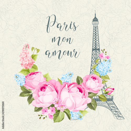 Eiffel tower simbol with spring blooming flowers over floral pattern with sign Paris mon amour. Vector illustration.