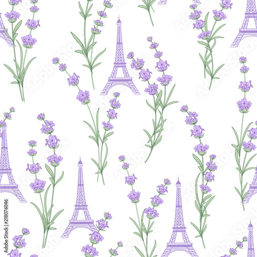 Fabric pattern with lavender flowers and eiffel tower. Seamless background for fabric design. Vector illustration.