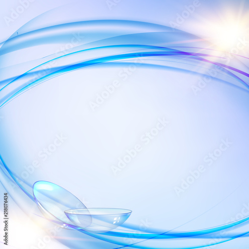 Science illustration for medical design. Contact lens concept with water wave flow over blue background and two eye lences. Vector illustration.