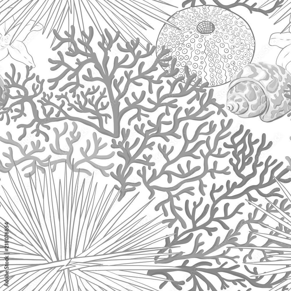 Fototapeta premium Sea world seamless pattern, background with fish, corals and shells on white background. Stock vector illustration. In monochrome gray colors