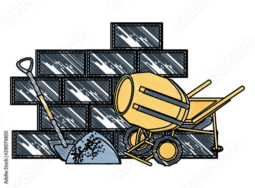 concrete mixer and wall icon over white background, vector illustration